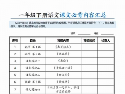 一年级下册语文课文必背内容汇总，8页PDF可打印