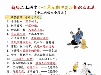 二年级上册语文1-4单元期中复习知识点汇总（十二大考点），12页PDF电子版学习资料