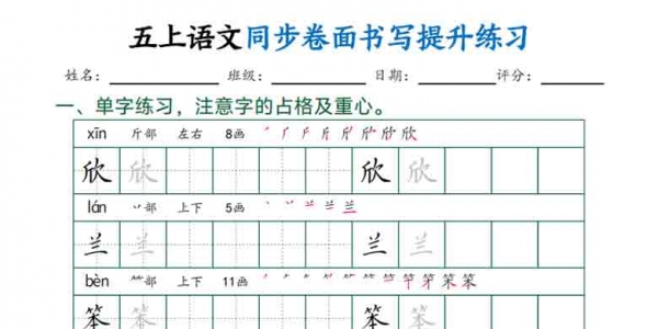 2026秋五年级上册语文同步卷面书写提升练习，44页PDF可打印