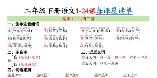 二年级下册语文1-24课每课晨读单，34页PDF电子版学习资料