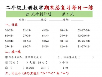 二年级上册数学期末复习每日一练21天冲刺计划，有答案42页PDF可打印