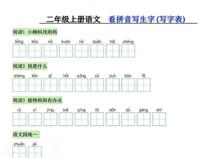 二年级上册语文看拼音写生字（写字表），10页PDF电子版