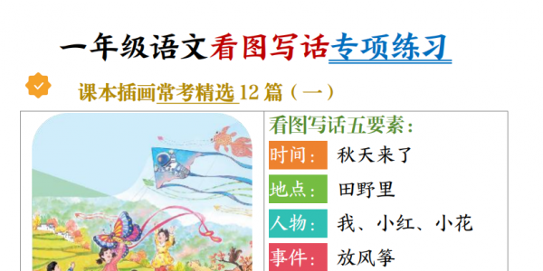 一年级上册语文看图写话五要素专项练习（课本插画常考精选12篇），12页PDF电子版