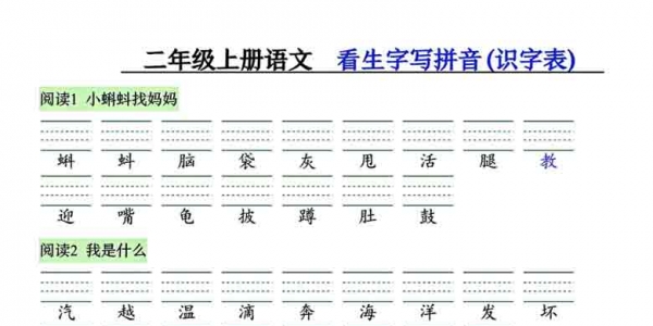 二年级上册语文看生字写拼音（识字表），14页PDF可打印