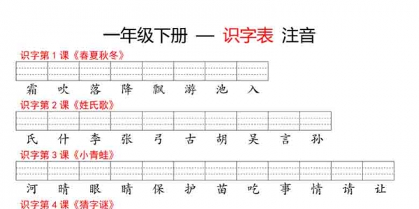 一年级语文下册识字表注音，5页PDF电子版