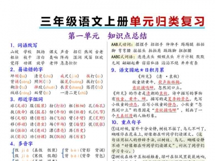 三年级上册语文1-8单元归类复习，8页PDF可打印