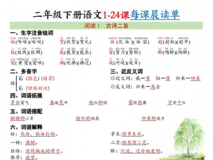 二年级下册语文1-24课每课晨读单，34页PDF电子版学习资料
