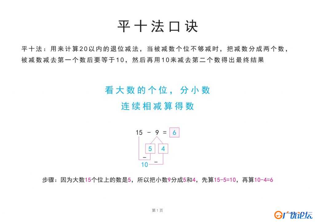 平十法口诀图解及算式练习，20以内退位减法练习题，21页pdf可打印
