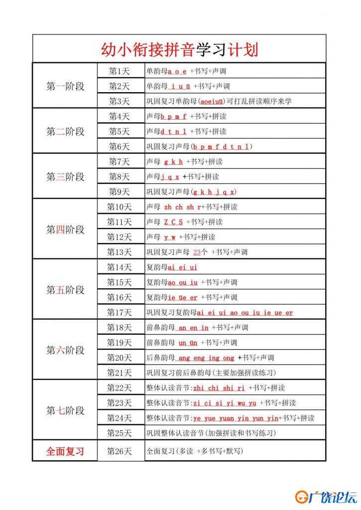 幼小衔接拼音学习计划，3页pdf电子版