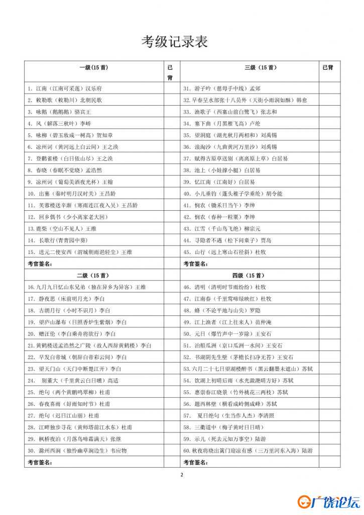 经典诵读，古诗词考级110首，13页pdf电子版
