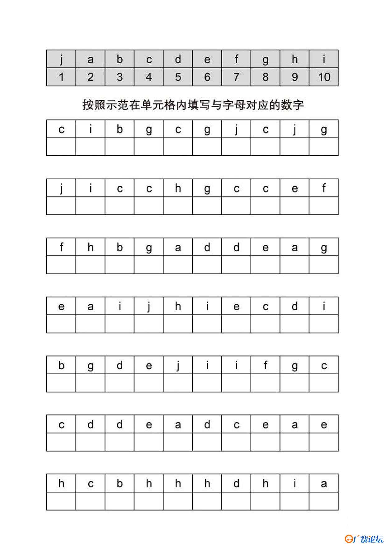 按照示范在单元格内填写与字母对应的数字共5页PDF可打印 视觉感知专注力训练 亲子游戏 广饶论坛中小学教育 ...