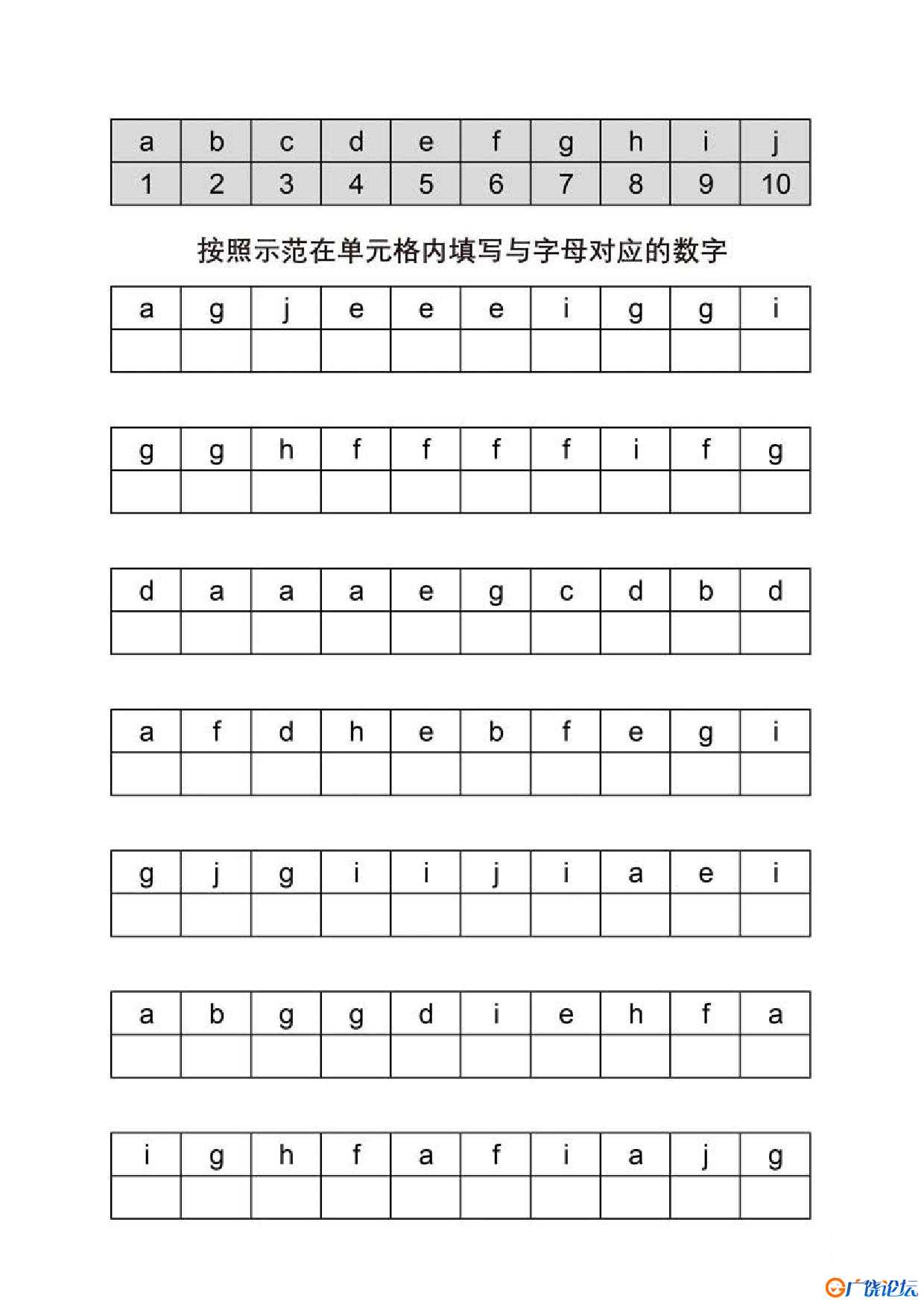 按照示范在单元格内填写与字母对应的数字共5页PDF可打印 视觉感知专注力训练 亲子游戏 广饶论坛中小学教育 ...