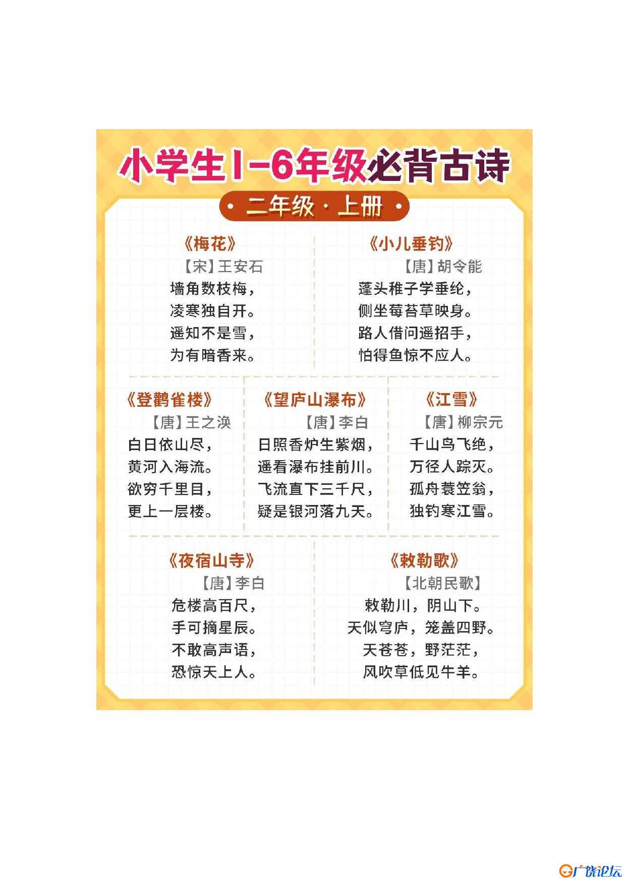 1-6年级必背古诗共12页PDF可打印 小学1至6年级知识点归纳 广饶论坛中小学教育智慧平台 ...