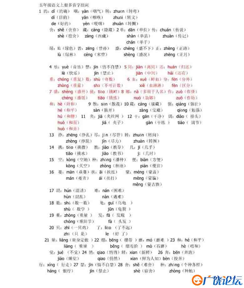 五年级语文上册多音字组词1页PDF可打印小学5年级综合教学资料 家长在家亲子教育资源 广饶论坛中小学教育智  ...