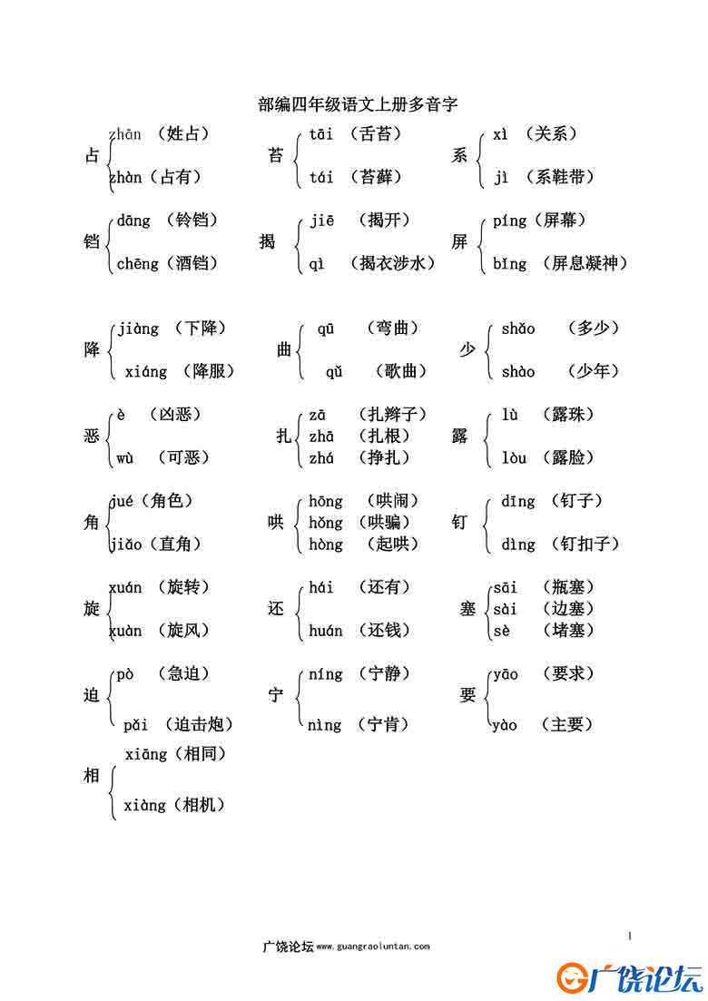 部编四年级语文上册多音字，5页可打印PDF 小学4年级综合教学资料 家长在家亲子教育资源 广饶论坛中小学教育 ...