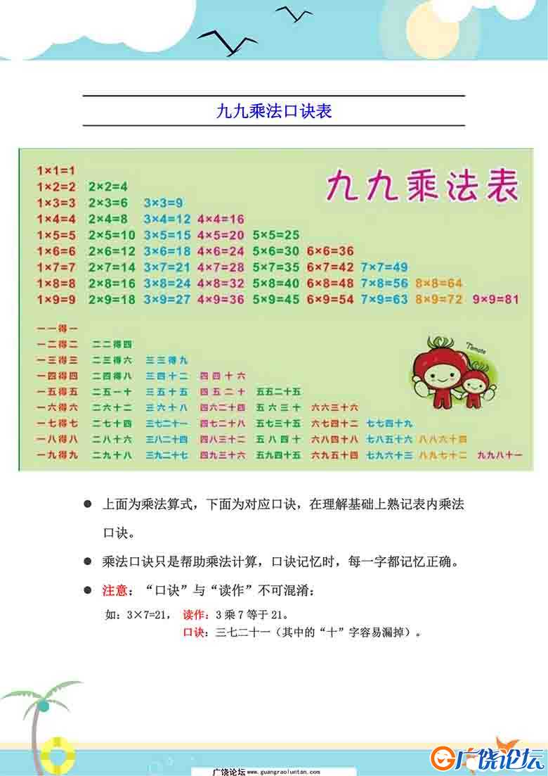 二年级数学上册乘法口诀表识记攻略 5页可打印PDF 小学2年级综合教学资料 家长在家亲子教育资源 广饶论坛中  ...