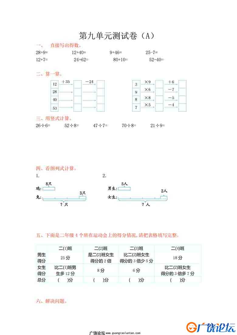 二年级上册数学1-9单元测试卷【第1套】（18份）青岛版五四制可打印PDF 小学2年级综合教学资料 家长在家亲子 ...