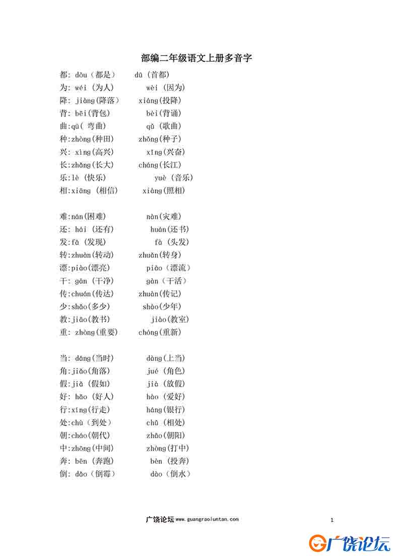 部编二年级语文上册多音字，3页可打印PDF 小学2年级综合教学资料 家长在家亲子教育资源 广饶论坛中小学教育 ...