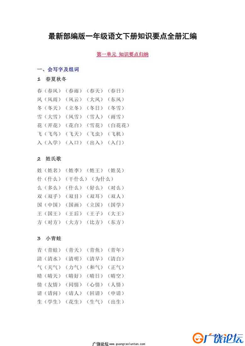 一年级语文下册【知识要点】全册归纳总结24页可打印PDF 小学1年级综合教学资料 家长在家亲子教育资源 广饶  ...
