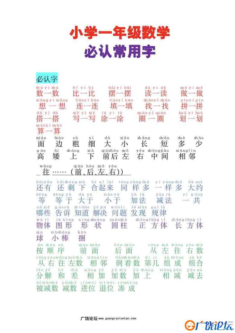 一年级数学必认常用字，4页可打印PDF 小学1年级综合教学资料 家长在家亲子教育资源 广饶论坛中小学教育智慧 ...
