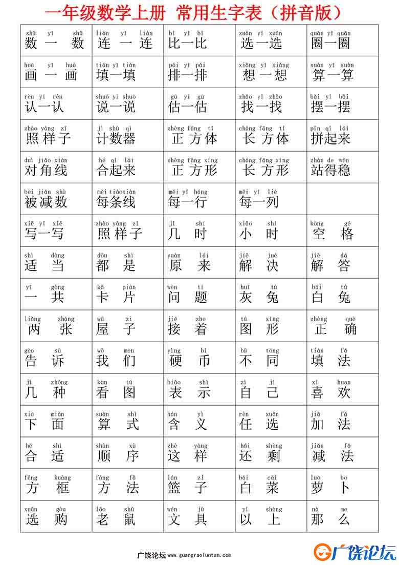 一年级数学上册常用生字表(拼音版，必须熟读)，2页可打印PDF 小学1年级综合教学资料 家长在家亲子教育资源  ...