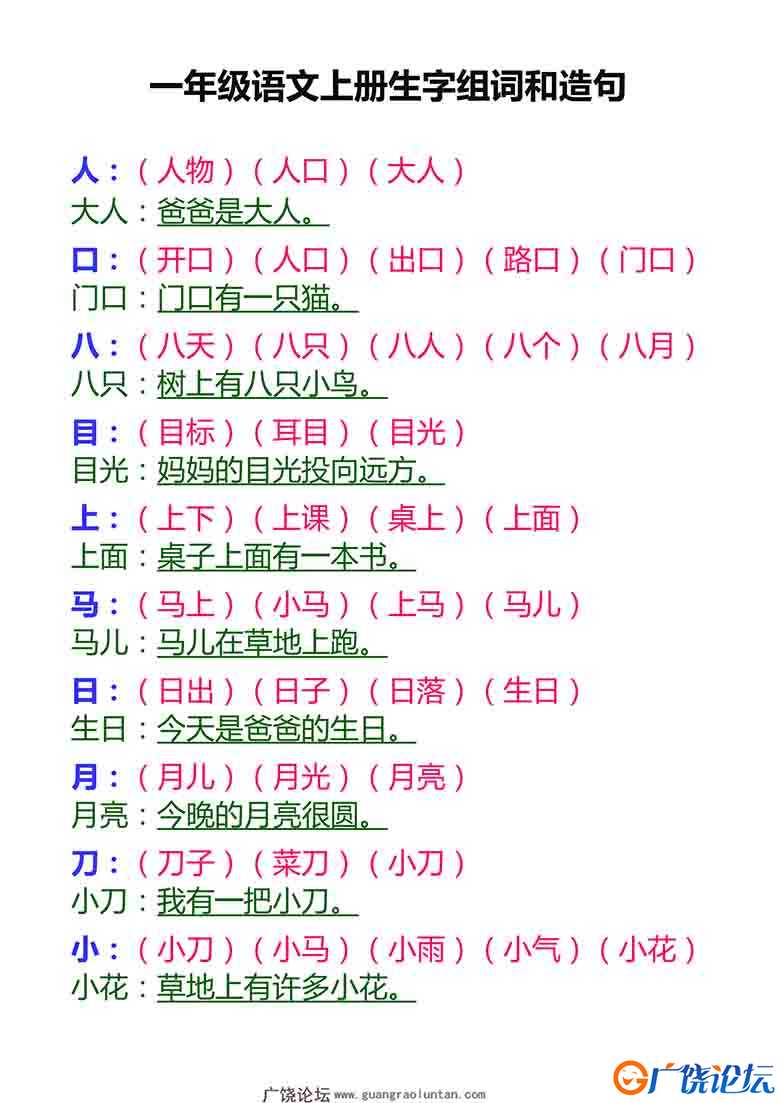 一年级语文上册生字组词和造句，14页可打印PDF 小学1年级综合教学资料 家长在家亲子教育资源 广饶论坛中小  ...
