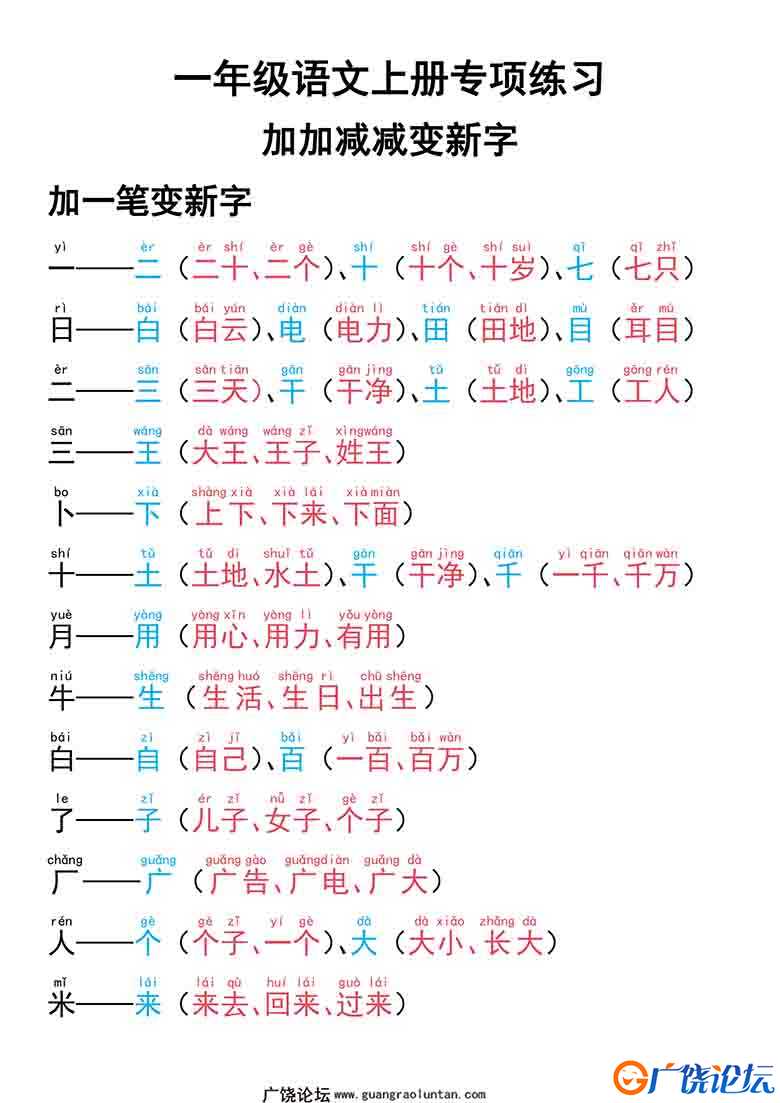 一年级语文上册专项练习加一笔减一笔变新字，9页可打印PDF 小学1年级综合教学资料 家长在家亲子教育资源 广 ...