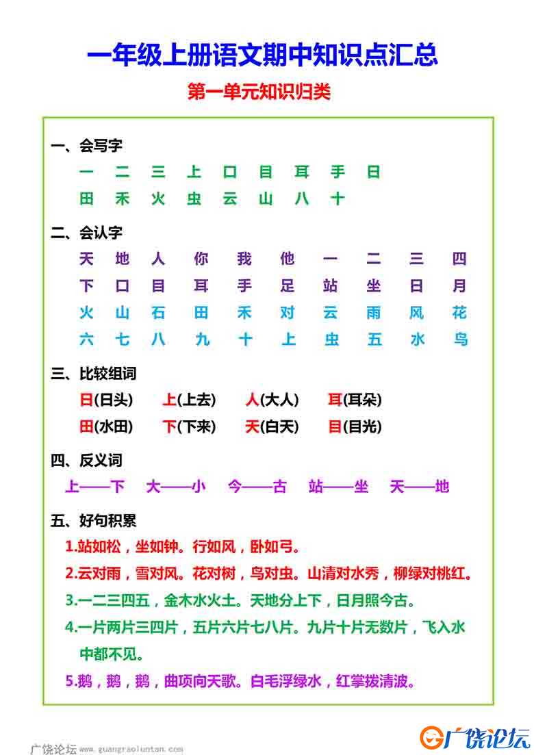 一年级上册语文期中知识点汇总，5页可打印PDF 小学1年级综合教学资料 家长在家亲子教育资源 广饶论坛中小学 ...