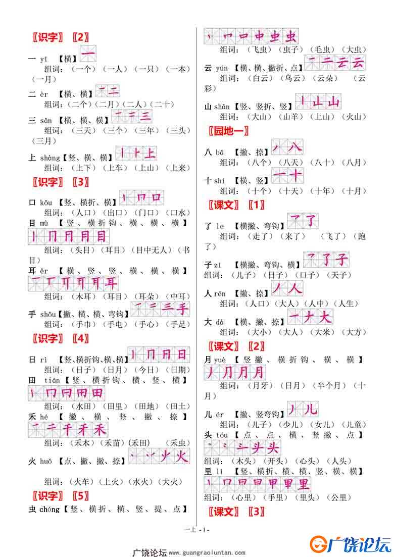 一年级上册语文全册生字 笔顺 组词，4页可打印PDF 小学1年级综合教学资料 家长在家亲子教育资源 广饶论坛中 ...