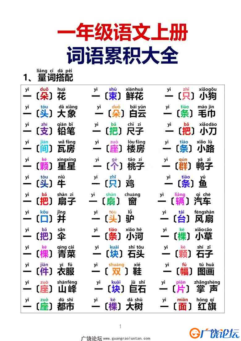 [11月22修正版] 一年级语文上册词语积累大全，8页可打印PDF 小学1年级综合教学资料 家长在家亲子教育资源   ...