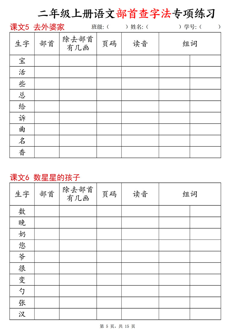 广饶论坛二年级上册语文部首查字法专项练习,15页PDF可打印学习资料 广饶论坛二年级上册语文部首查字法专项练习,15页PDF可打印学习资料