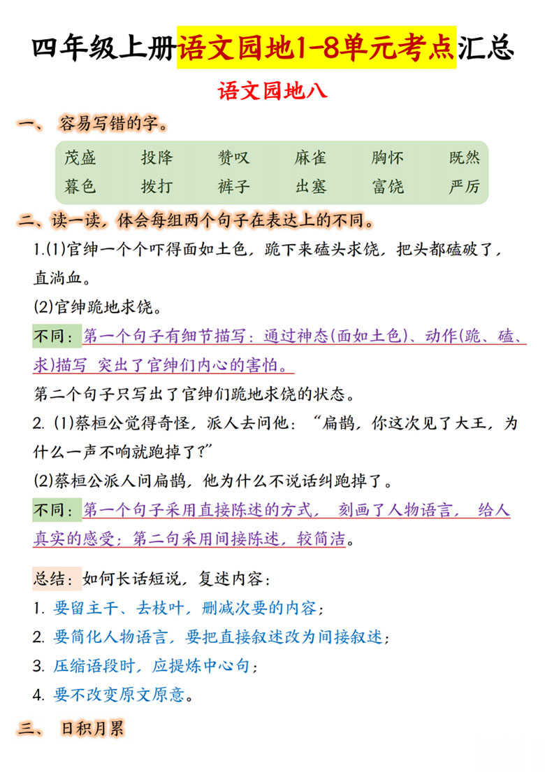 广饶论坛四年级上册语文园地1-8单元考点汇总,15页PDF可打印学习资料 广饶论坛四年级上册语文园地1-8单元考点汇总,15页PDF可打印学习资料