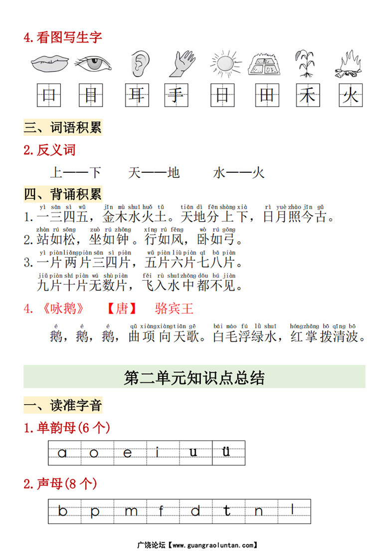 广饶论坛一年级上册语文1-4单元期中高频考点,7页PDF电子版学习资料 广饶论坛一年级上册语文1-4单元期中高频考点,7页PDF电子版学习资料