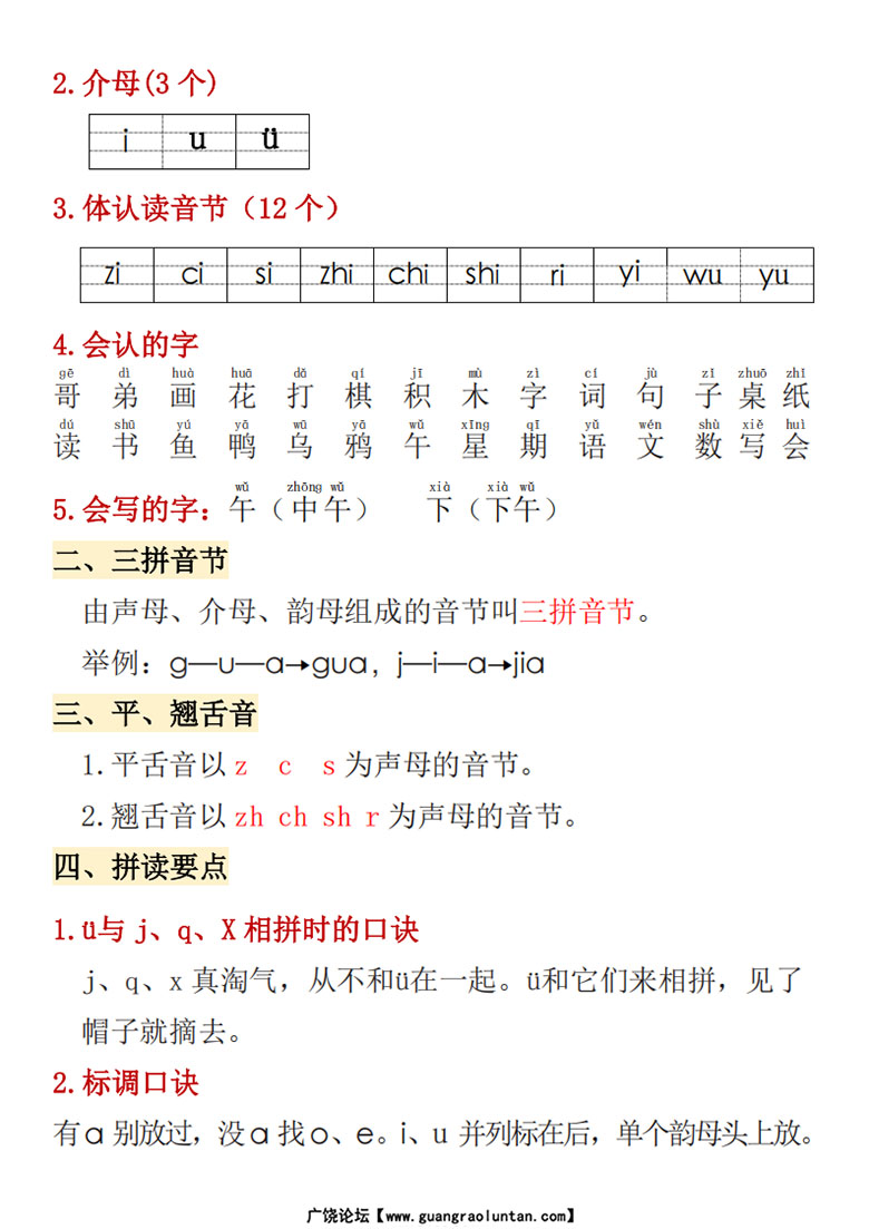 广饶论坛一年级上册语文1-4单元期中高频考点,7页PDF电子版学习资料 广饶论坛一年级上册语文1-4单元期中高频考点,7页PDF电子版学习资料