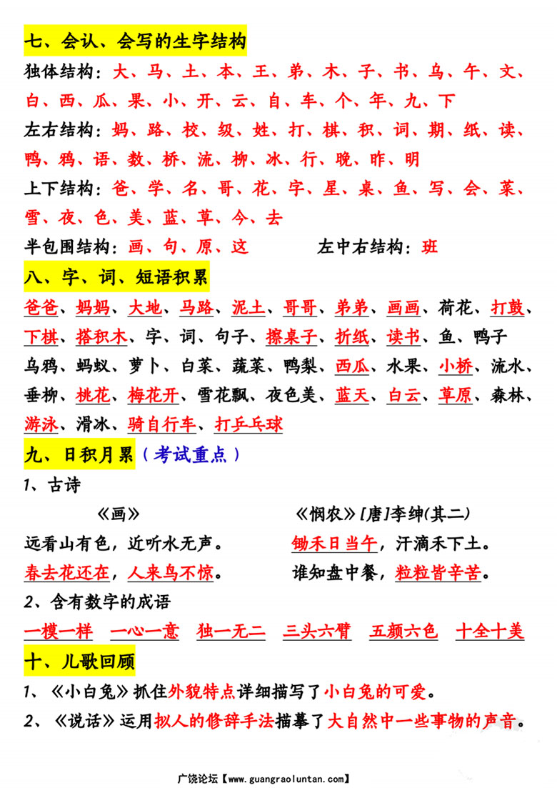 广饶论坛一年级语文上册期中重点知识汇总,有答案9页PDF电子版学习资料 广饶论坛一年级语文上册期中重点知识汇总,有答案9页PDF电子版学习资料
