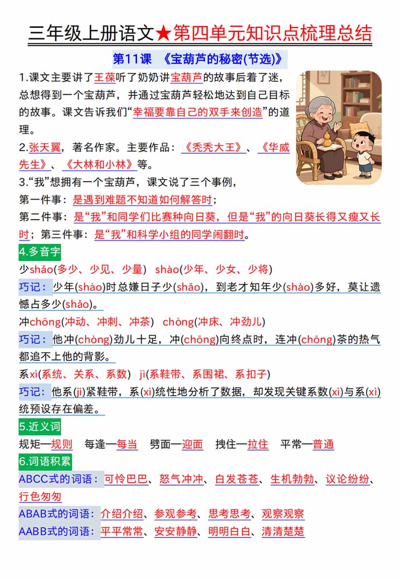 广饶论坛三年级上册语文第四单元知识点梳理总结,7页PDF可打印学习资料 广饶论坛三年级上册语文第四单元知识点梳理总结,7页PDF可打印学习资料