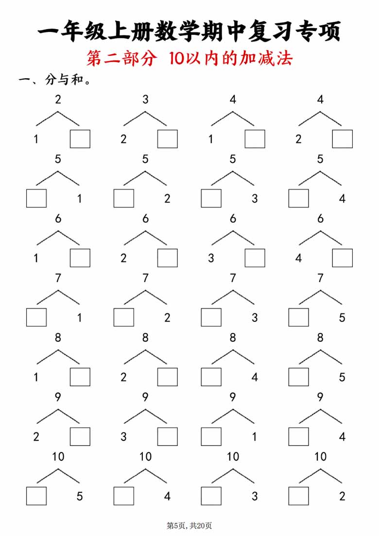 广饶论坛一年级上册数学八大专项练习,20页PDF电子版学习资料 广饶论坛一年级上册数学八大专项练习,20页PDF电子版学习资料