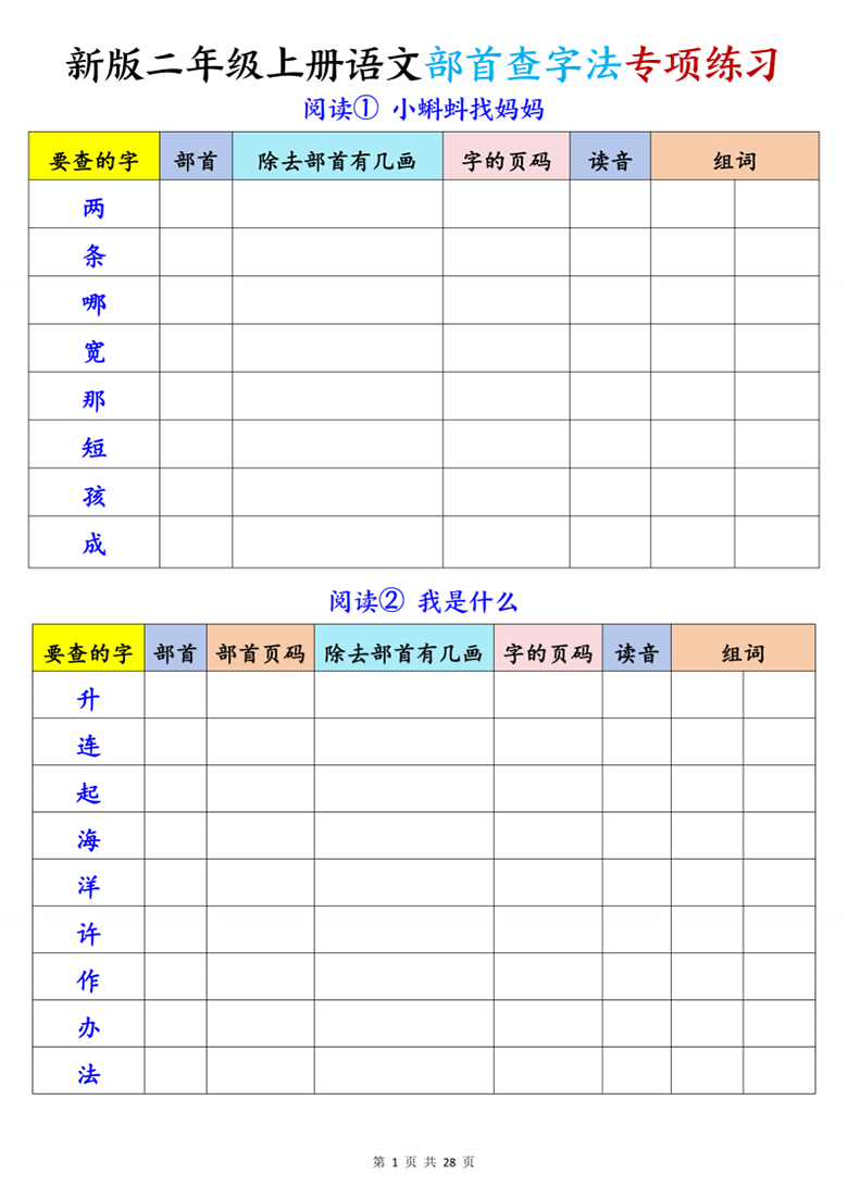 广饶论坛二年级上册语文部首查字法专项练习，有答案28页PDF可打印学习资料 ...