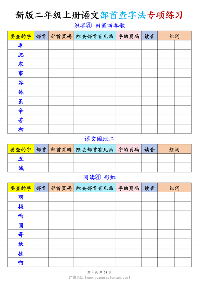 广饶论坛二年级上册语文部首查字法专项练习，有答案28页PDF可打印学习资料 ...