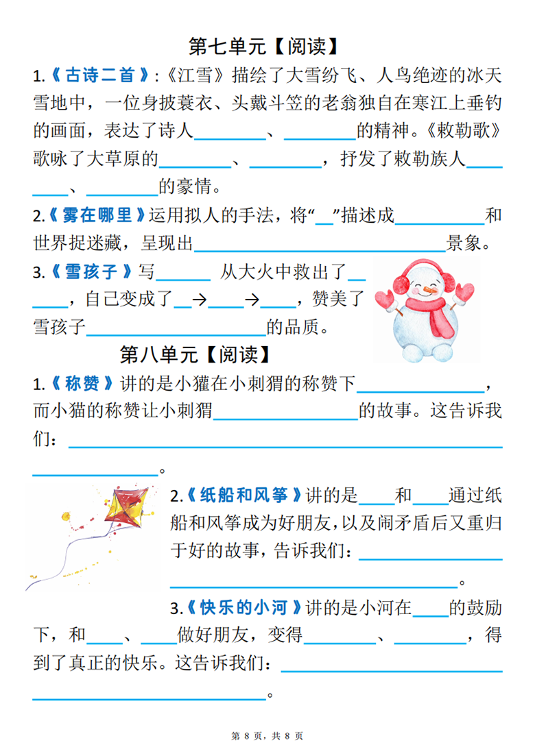 广饶论坛二年级上册语文全册1-23课中心思想汇总（空白版+答案版），8页PDF可打印学习资料 ...