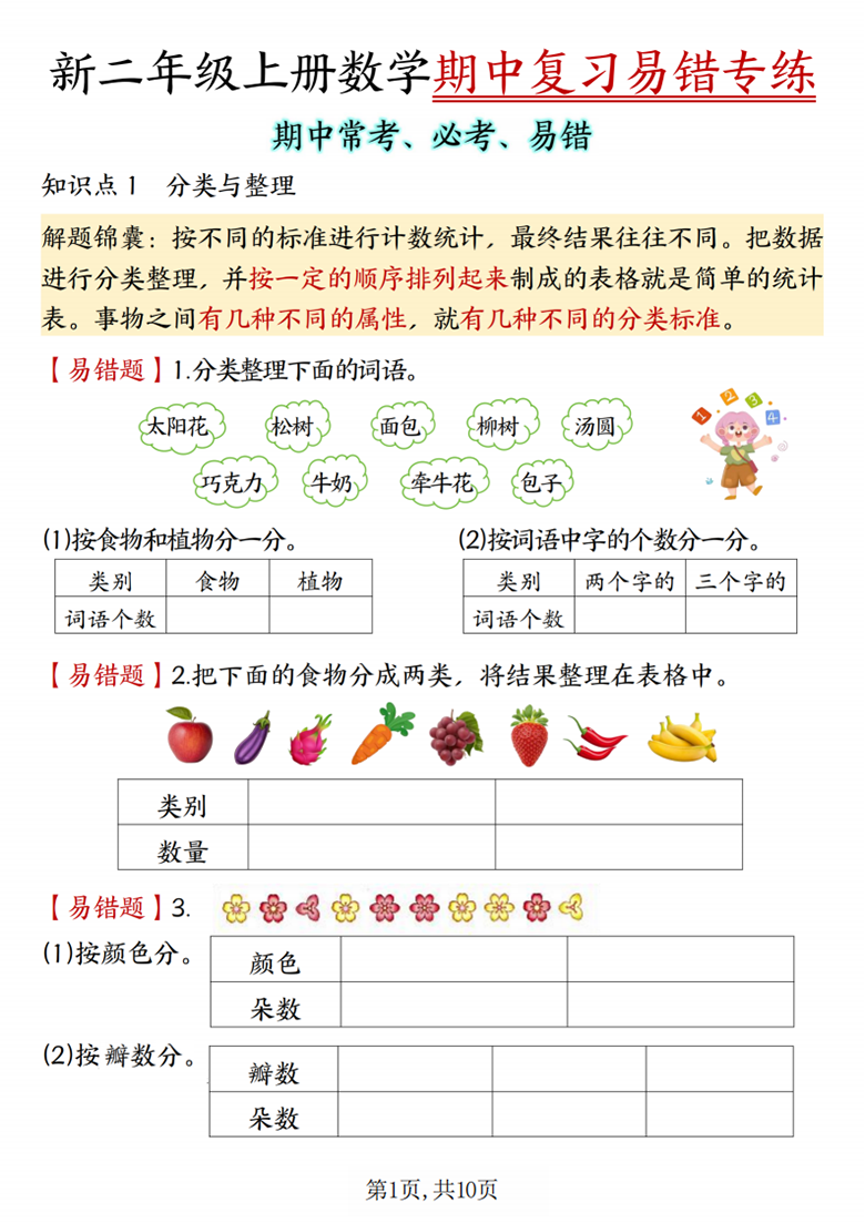 广饶论坛二年级上册数学期中复习易错专练（期中常考必考易错）（人教版），有答案10页PDF可打印学习资料 ...