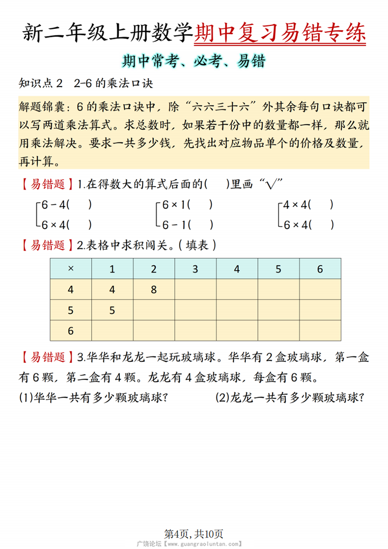 广饶论坛二年级上册数学期中复习易错专练（期中常考必考易错）（人教版），有答案10页PDF可打印学习资料 ...