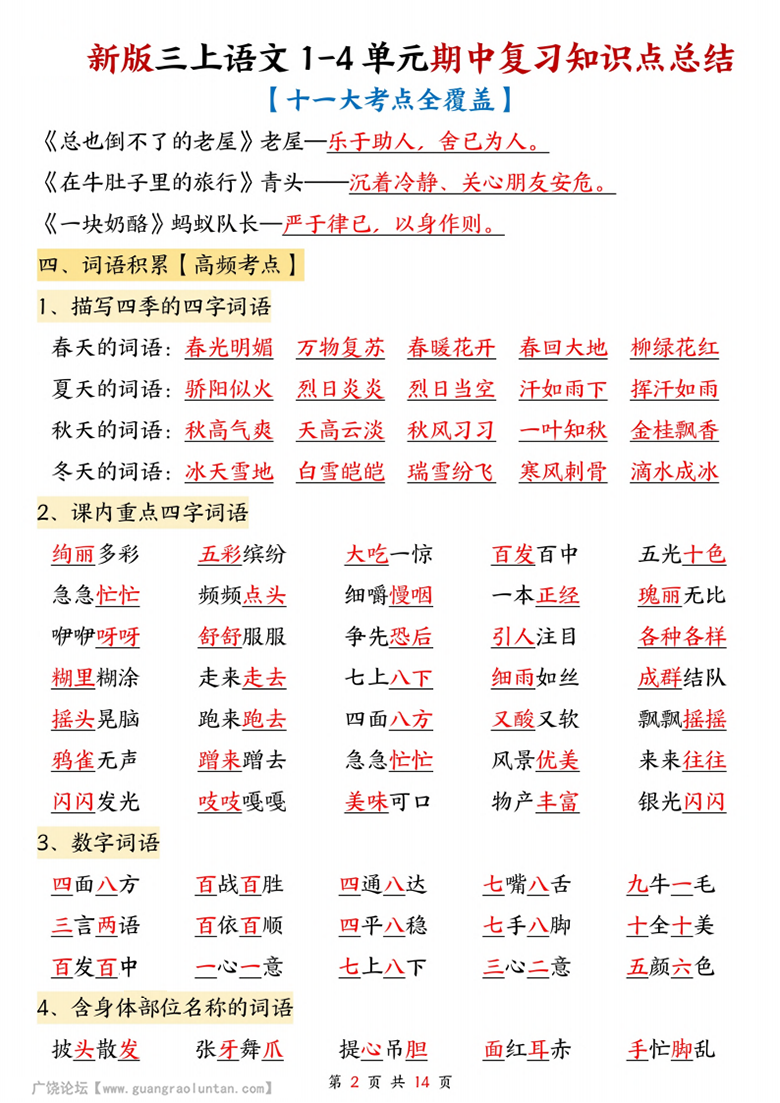 广饶论坛三年级上册语文1-4单元期中复习知识点总结（十一大考点全覆盖），14页PDF电子版 ... ...