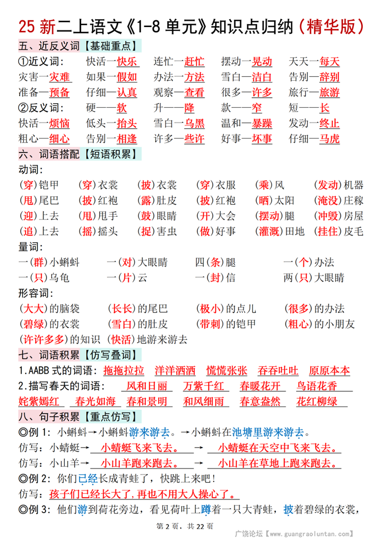 广饶论坛二年级上册语文1-8单元知识点归纳（精华版），22页PDF可打印学习资料 ...