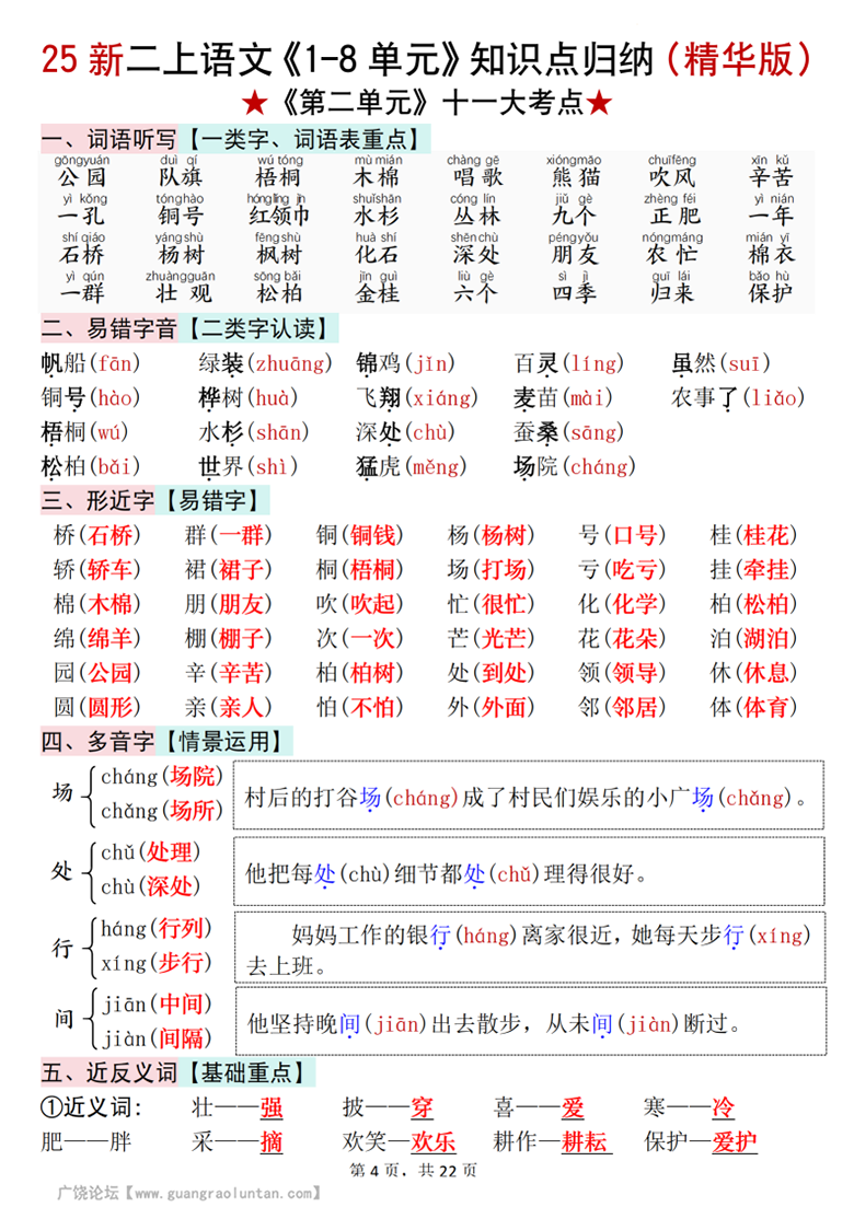广饶论坛二年级上册语文1-8单元知识点归纳（精华版），22页PDF可打印学习资料 ...