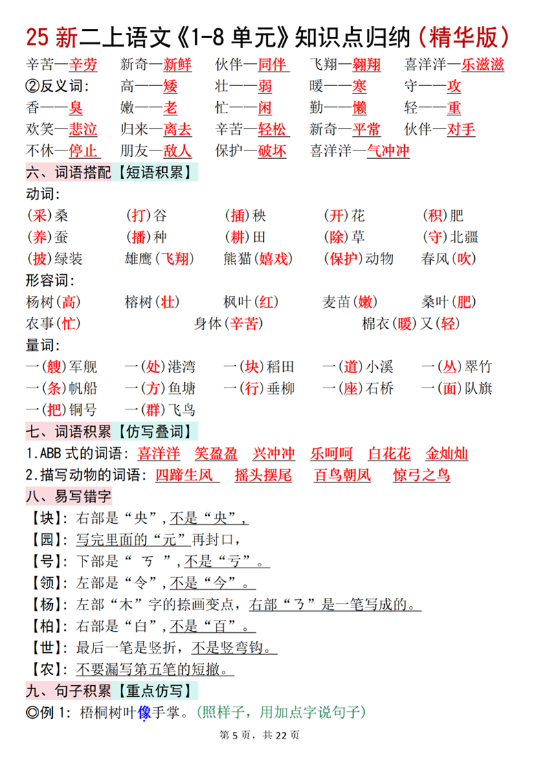 广饶论坛二年级上册语文1-8单元知识点归纳（精华版），22页PDF可打印学习资料 ...