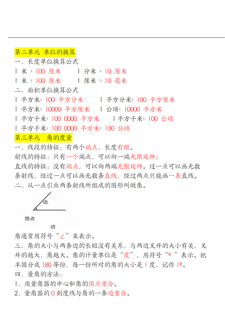 广饶论坛四年级上册数学单元知识点汇总（人教版），9页PDF电子版学习资料