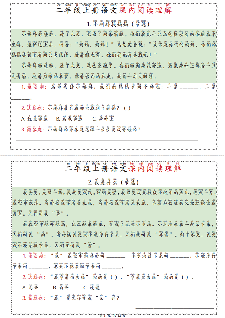 广饶论坛二年级上册语文课内阅读理解，12页PDF电子版学习资料