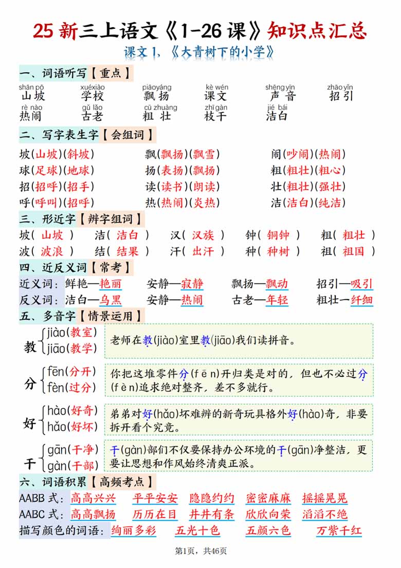 广饶论坛三年级上册语文全册1-26课知识点总结，46页PDF电子版学习资料
