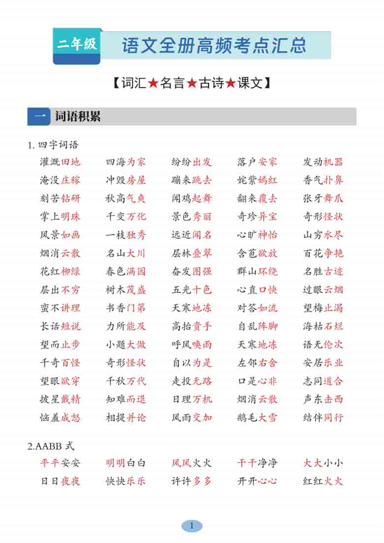 二年级上册语文全册高频考点汇总（词汇名言古诗课文），11页PDF电子版